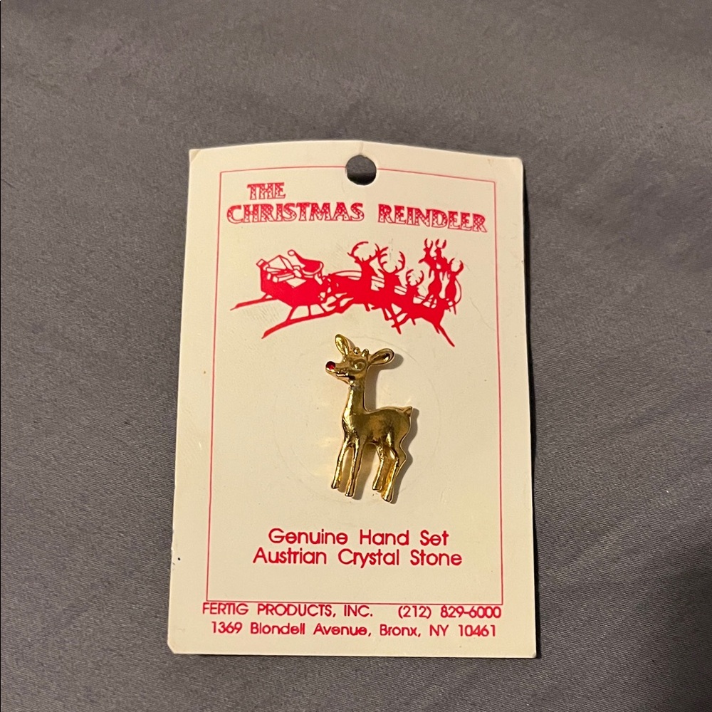 Vintage Gold Reindeer Pin with Austrian Crystal
